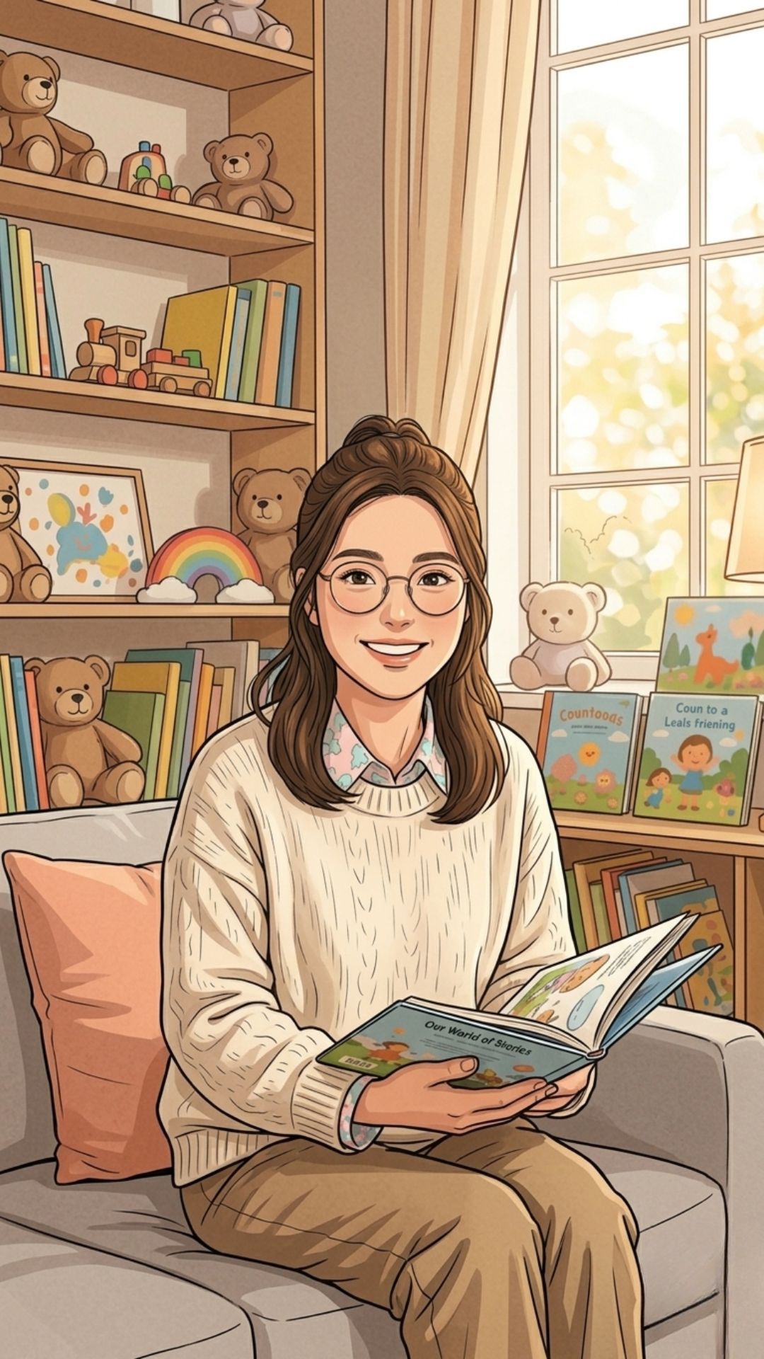 An illustration of Wendy reading a storybook in a bright, cosy room